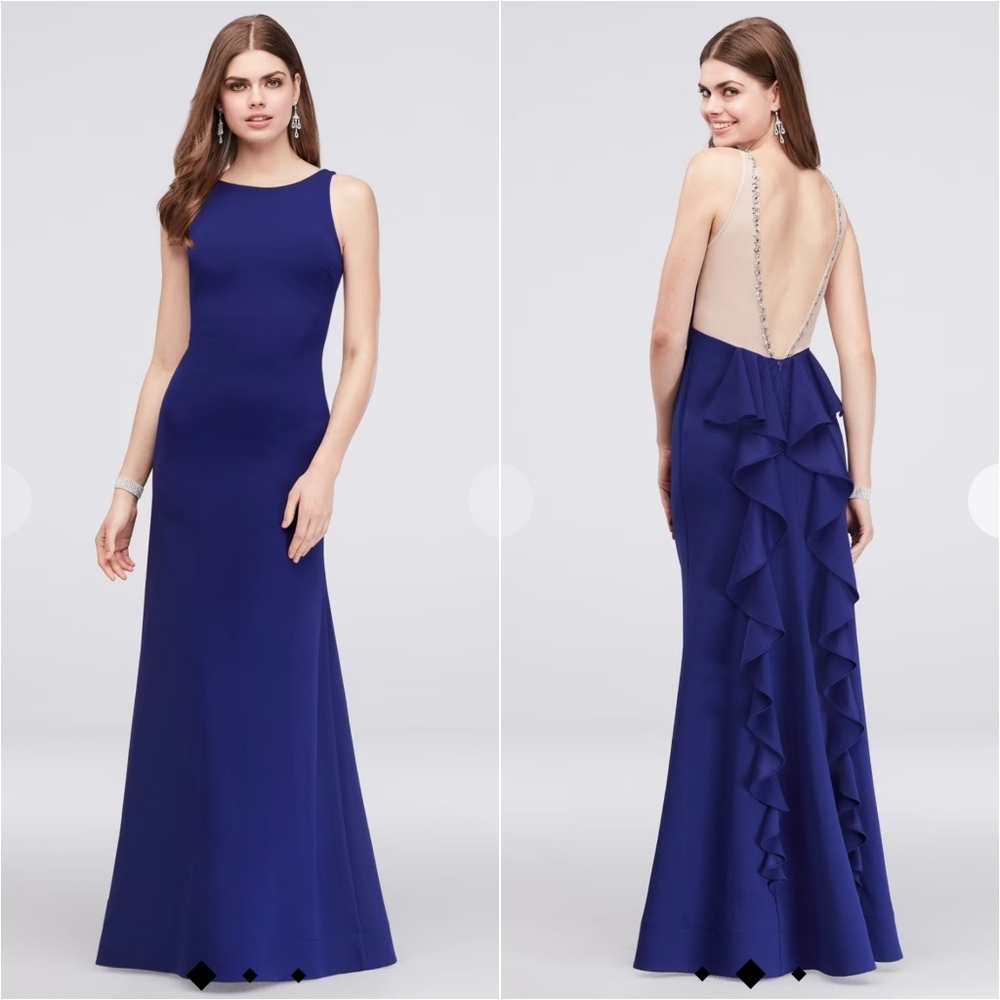 Sequin Hearts Crepe Tank Low Back Ruffled Mermaid Gown, Juniors